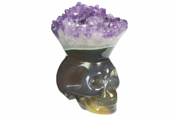 Polished Agate Skull with Amethyst Crown #148205